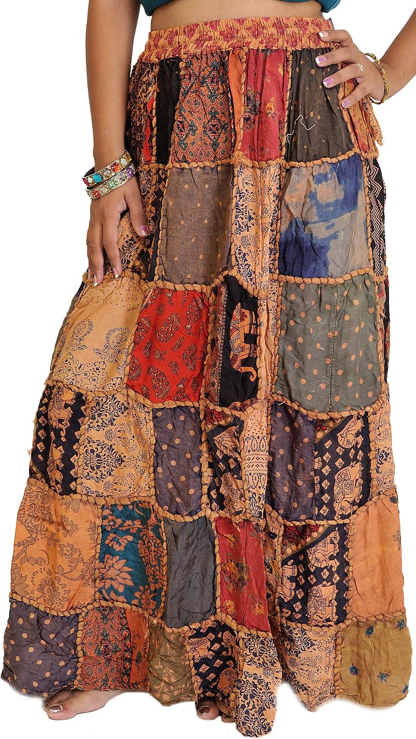 Exotic India Long Printed Dori Skirt from Gujarat with Patch Work - Rayon Main image