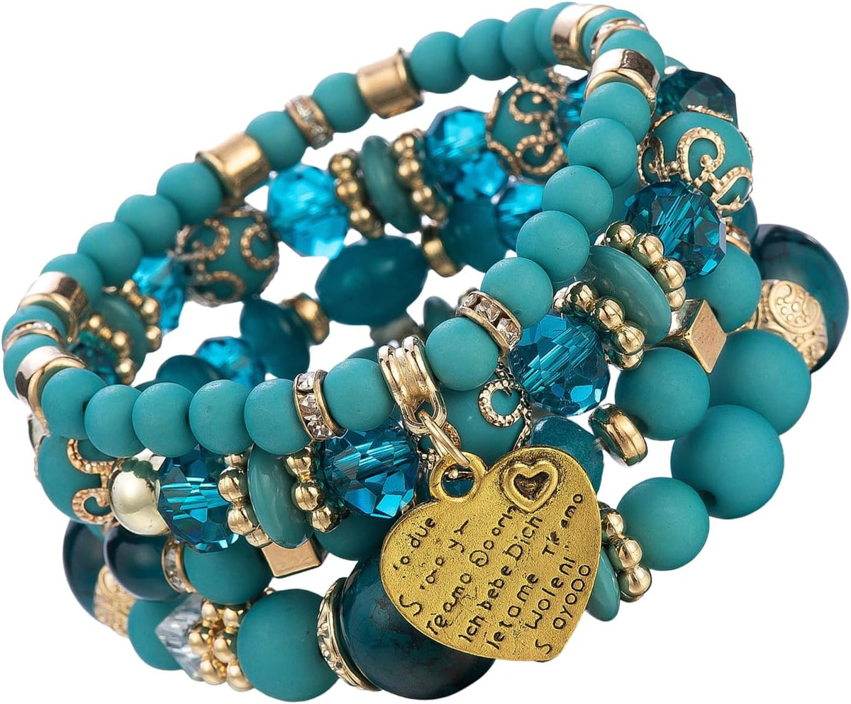 Women Beaded Bracelet Set | Colorful Boho Stackable Trendy Design with Crystal Accents Multilayer Bangle Bracelet | Fashion Stretch Braclets Jewelry for Women