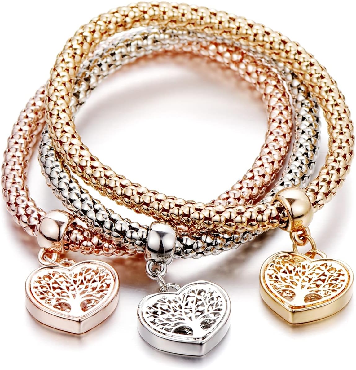 SILANER Crystal Charms Multilayer Bracelets - 3PCS Gold/Silver/Rose Gold Corn Chain Bracelet for Women, Tree of Life Heart Shaped Stretch Bracelet