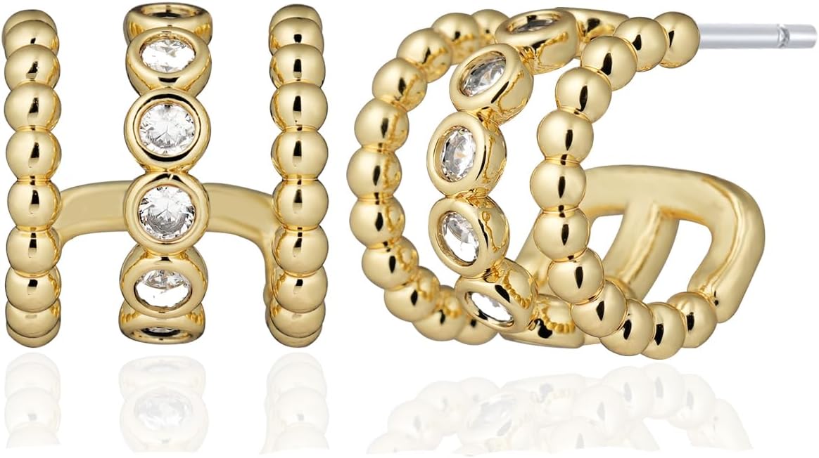 14K Gold Plated Illusion Stud Earrings for Women | Triple Huggie Hoop Earrings for One Hole| Trendy Simple Hypoallergenic Fashion Accessories Gold