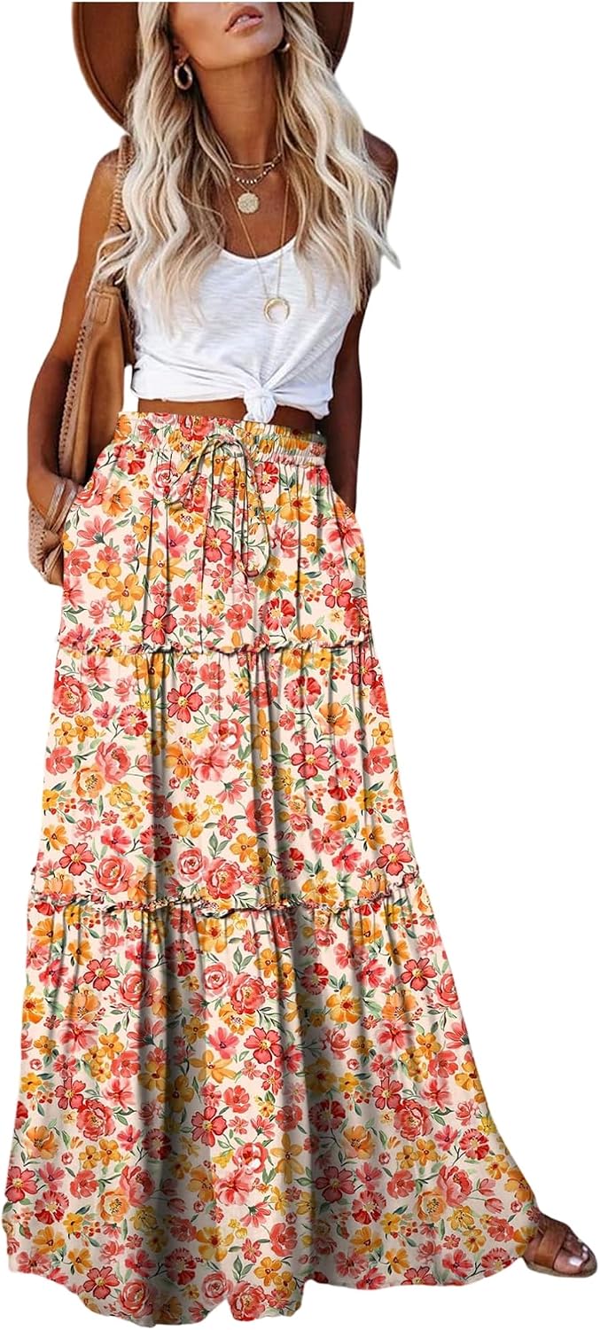 EARKOHA Womens Boho Maxi Skirt 2026 Summer Cruise Casual High Waist Tie Flowy Long Skirt with Pockets For Beach Vacation