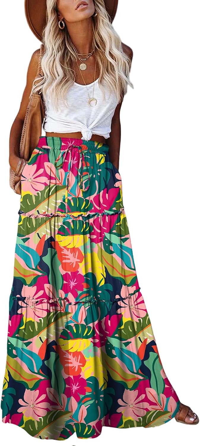 EARKOHA Womens Boho Maxi Skirt 2026 Summer Cruise Casual High Waist Tie Flowy Long Skirt with Pockets For Beach Vacation