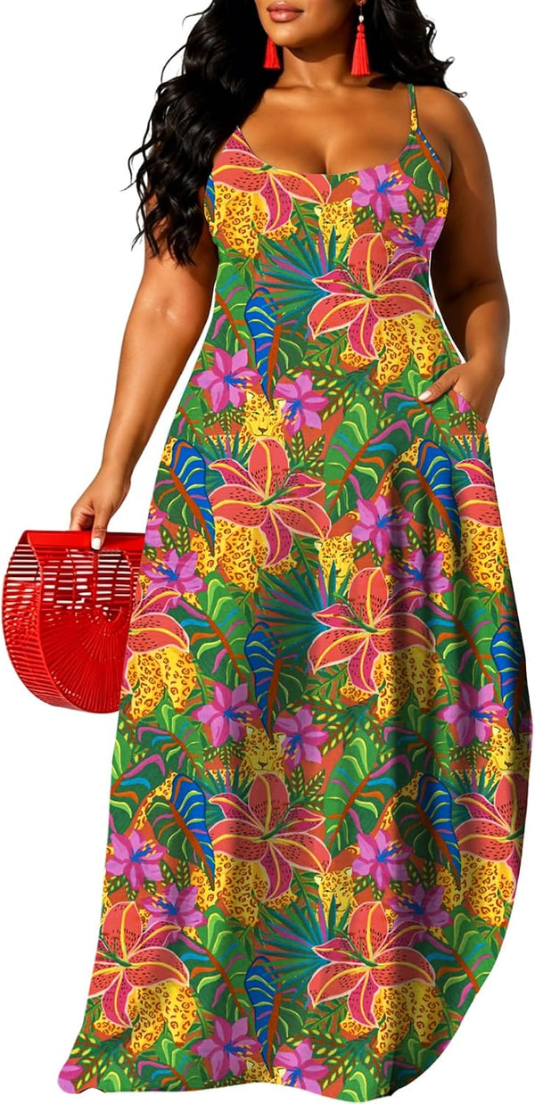 UOUA Hawaiian Dresses Women Plus Size Luau Party Sundress Summer Maxi Tropical Boho Beach Dress