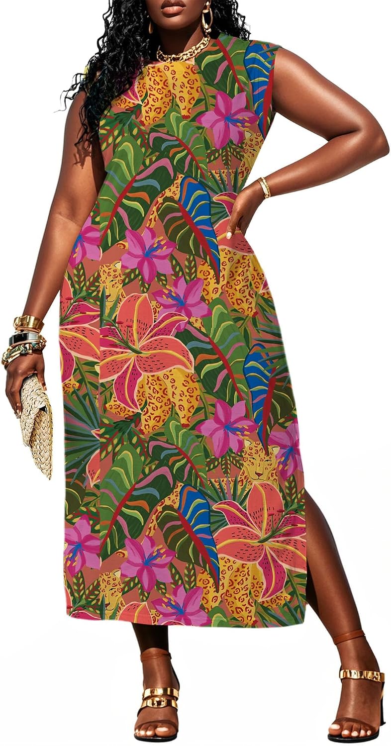 UOUA Women Summer Maxi Dresses Plus Size Casual Hawaiian Sundress Sleeveless Loose Split Beach Dress with Pockets