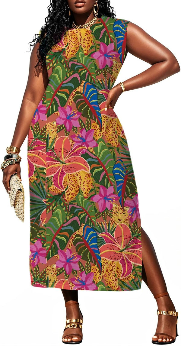 UOUA Women Summer Maxi Dresses Plus Size Casual Hawaiian Sundress Sleeveless Loose Split Beach Dress with Pockets