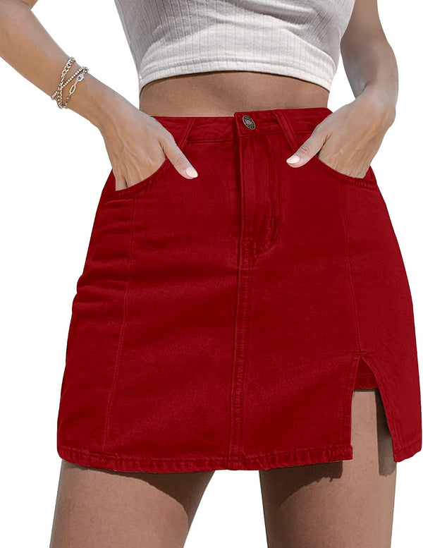 luvamia Jean Skort Women High Waisted Stretchy Denim Mini Skirt Side Slit