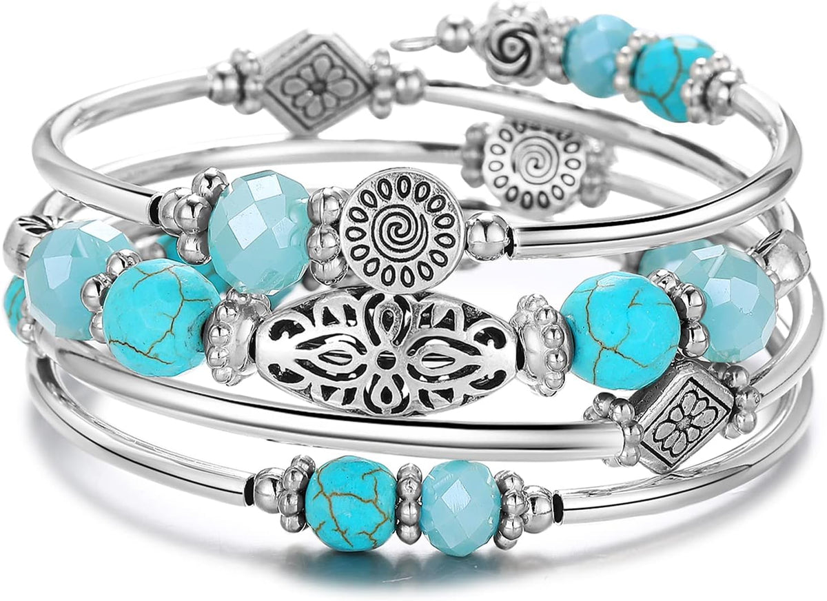 Stackable Beaded Bracelets for Women Boho Wrap Silver Bracelet Layered Fashion Jewelry Gifts for Her