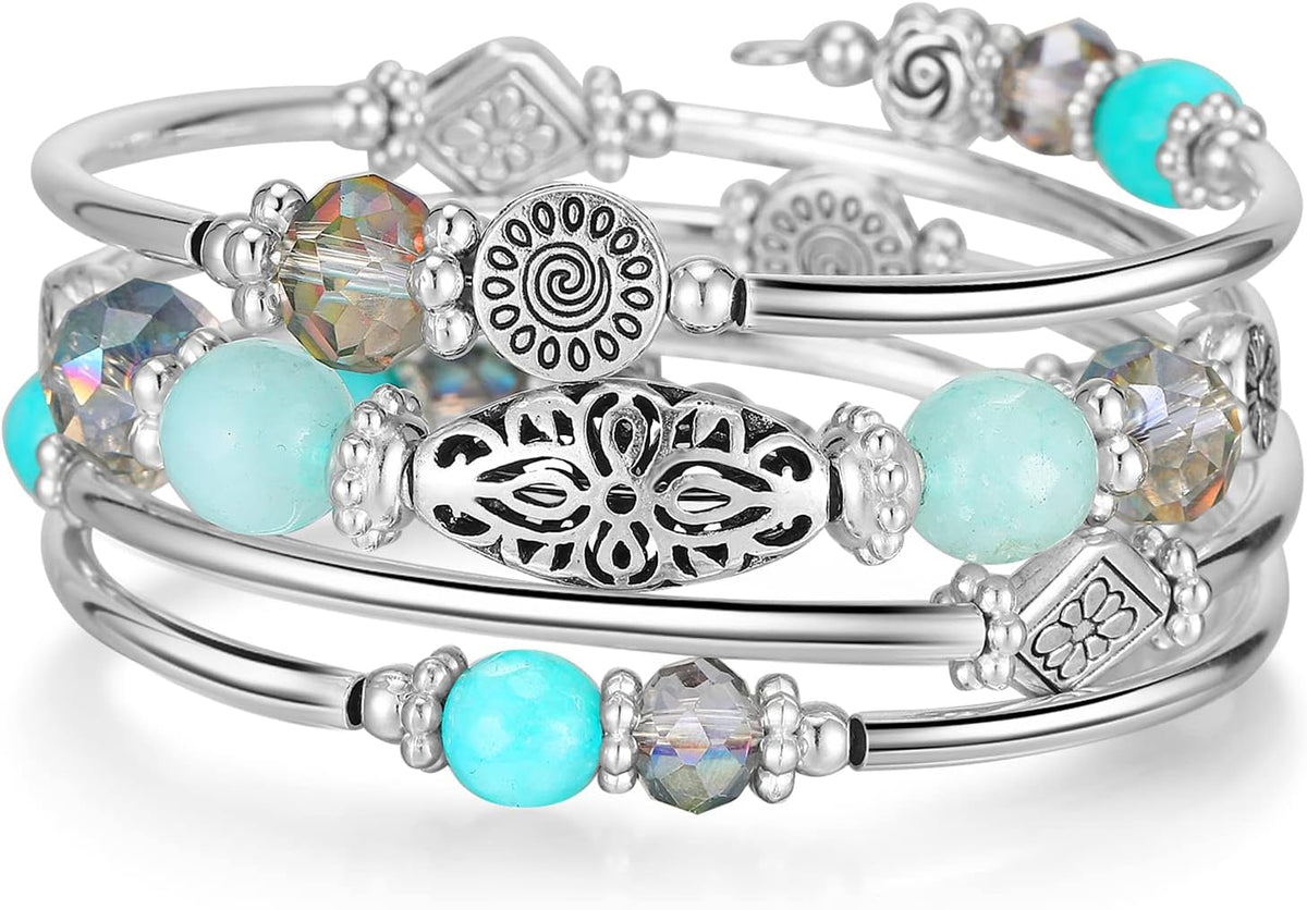 Stackable Beaded Bracelets for Women Boho Wrap Silver Bracelet Layered Fashion Jewelry Gifts for Her