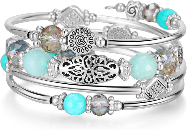 Stackable Beaded Bracelets for Women Boho Wrap Silver Bracelet Layered Fashion Jewelry Gifts for Her