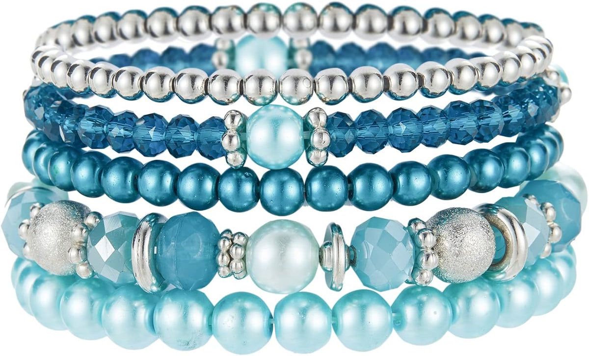 Noessla Beaded Pearl Stretch Bracelet Silver Stackable Crystal Beads Bracelets Trendy Costume Jewelry Mothers Day Gifts for Women