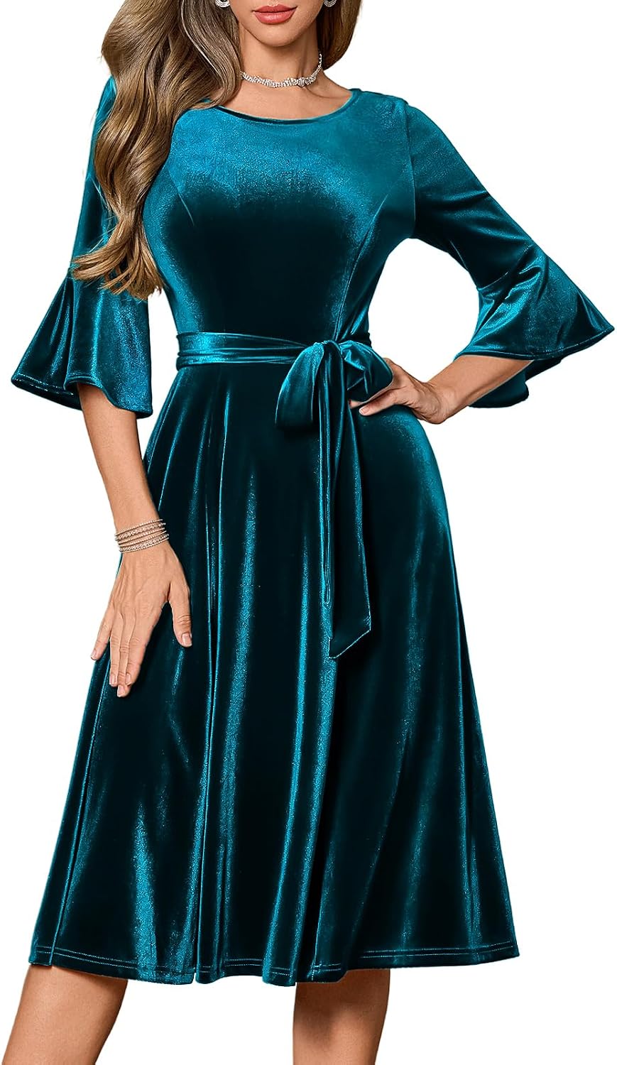 HomRain Long Sleeve Midi Velvet Dress for Women Vintage Christmas Dresses