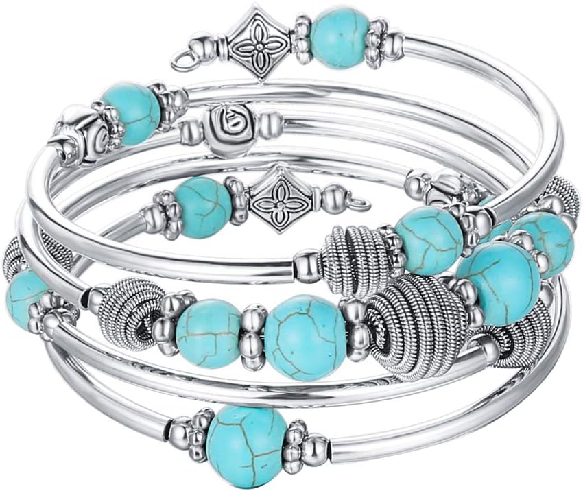 PEARL&CLUB Beaded Chakra Bangle Turquoise Bracelet - Fashion Jewelry Wrap Bracelet with Thick Silver Metal and Mala Beads, Birthday Gifts For Women