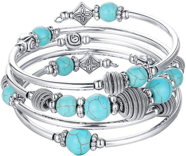 PEARL&CLUB Beaded Chakra Bangle Turquoise Bracelet - Fashion Jewelry Wrap Bracelet with Thick Silver Metal and Mala Beads, Birthday Gifts For Women