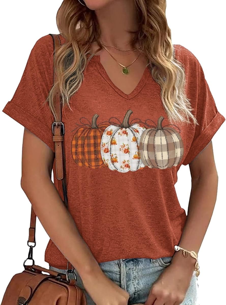 Earlymemb Women Fall Halloween Doodles V Neck Shirt Thanksgiving Casual Tee