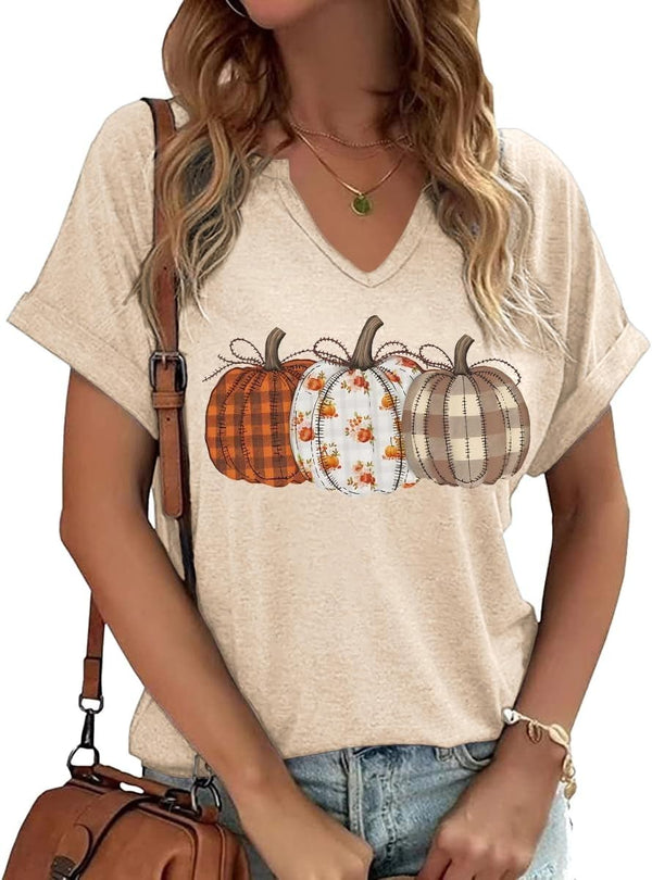 Earlymemb Women Fall Halloween Doodles V Neck Shirt Thanksgiving Casual Tee
