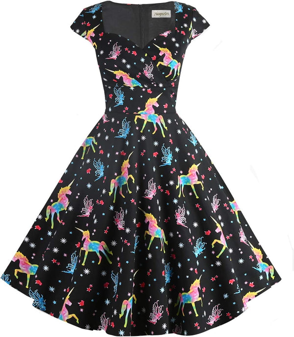 Women's Cap Sleeve 1950s Retro Vintage Cocktail Swing Dresses with Pocket