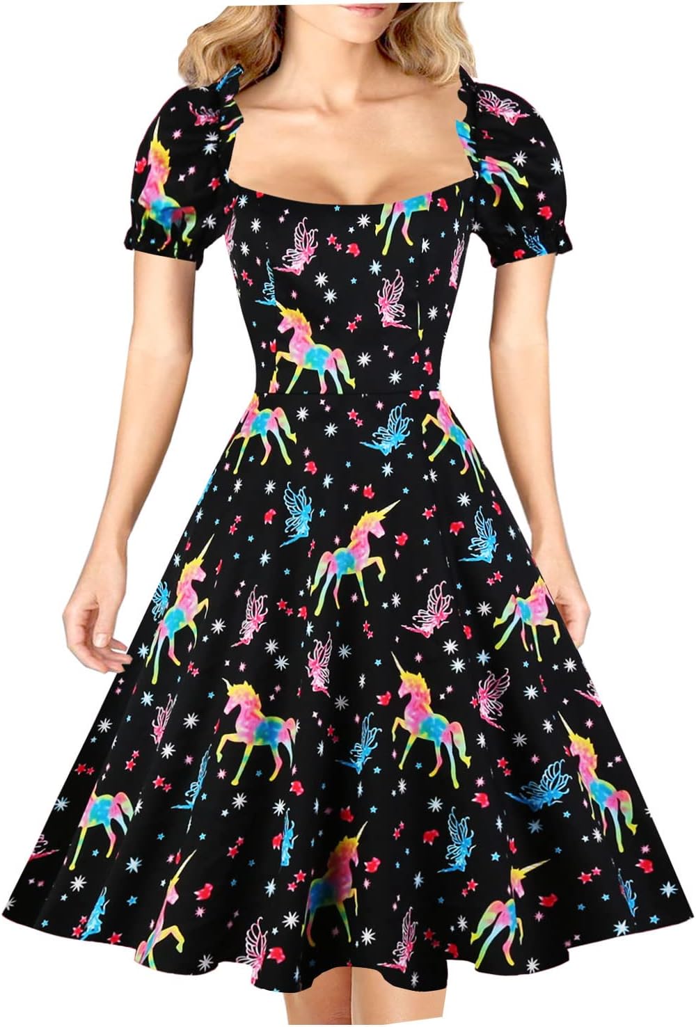 Women's Puff Short Sleeve 1950s Party Dresses Square Neck Aline Dress with Pockets