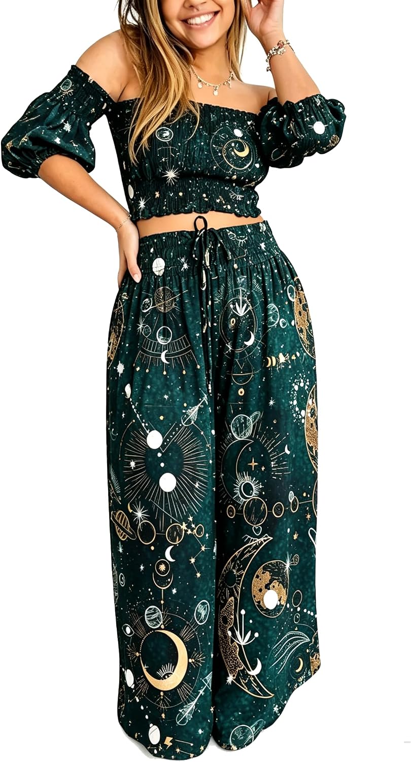 Womens Celestial Clothing Witchy Whimsigoth Outfits Cotton Co-ord Lounge Set Summer Vacation Travel Clothes