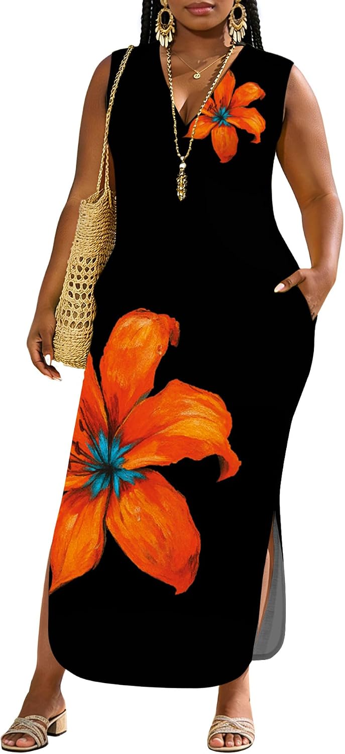 UOUA Women Summer Maxi Dresses Plus Size Casual Hawaiian Sundress Sleeveless Loose Split Beach Dress with Pockets