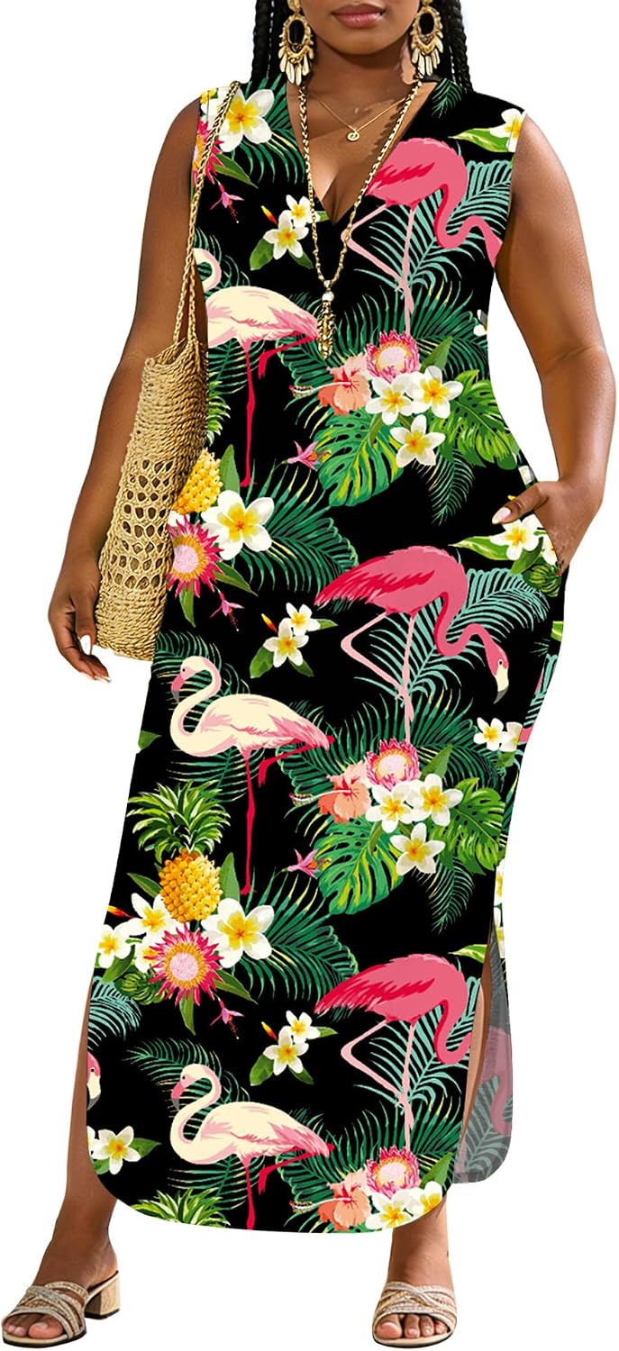 UOUA Women Summer Maxi Dresses Plus Size Casual Hawaiian Sundress Sleeveless Loose Split Beach Dress with Pockets