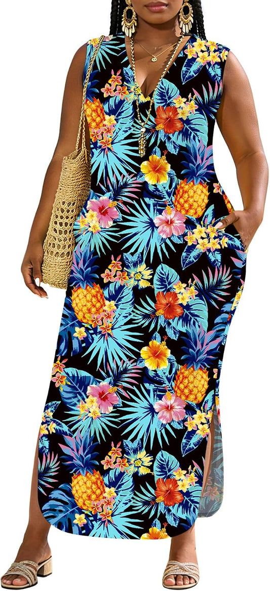 UOUA Women Summer Maxi Dresses Plus Size Casual Hawaiian Sundress Sleeveless Loose Split Beach Dress with Pockets