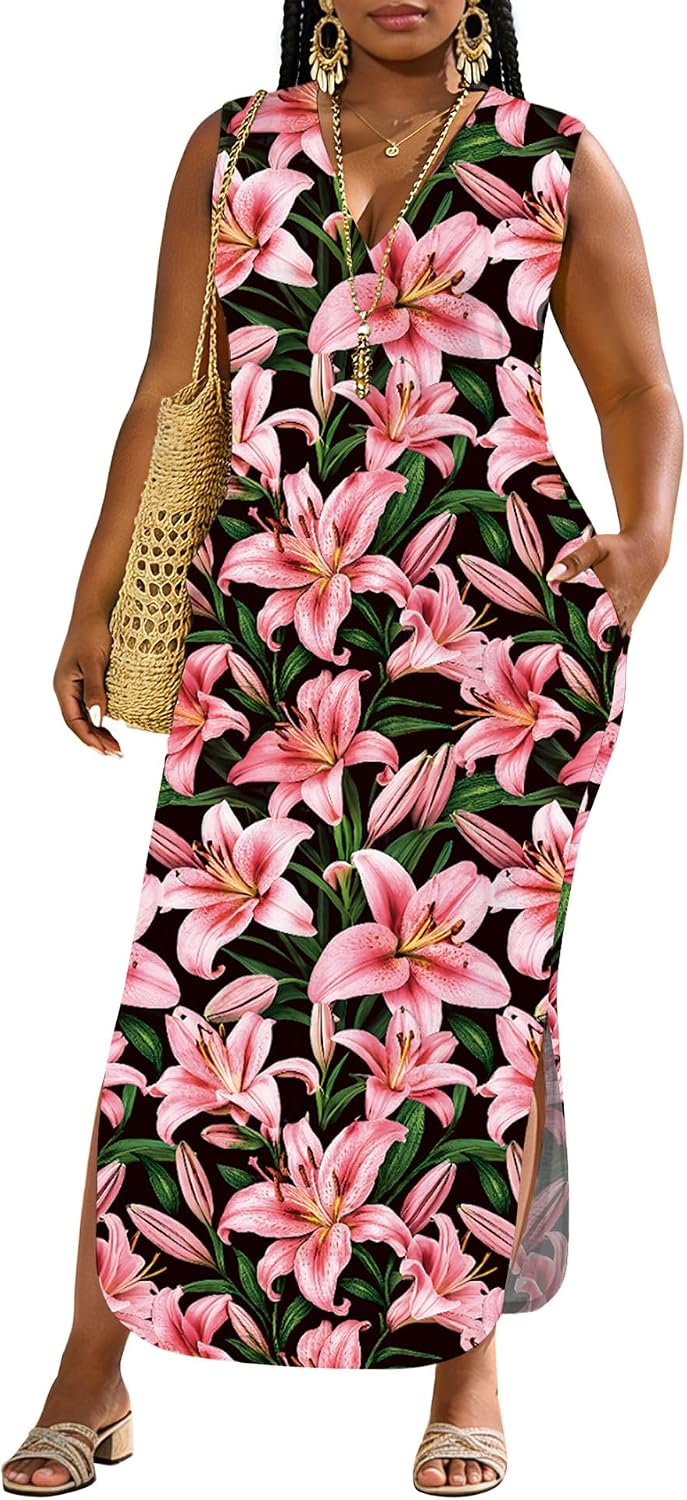 UOUA Women Summer Maxi Dresses Plus Size Casual Hawaiian Sundress Sleeveless Loose Split Beach Dress with Pockets
