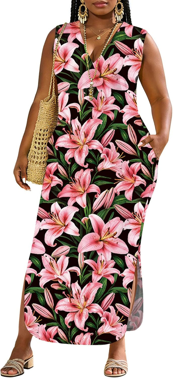 UOUA Women Summer Maxi Dresses Plus Size Casual Hawaiian Sundress Sleeveless Loose Split Beach Dress with Pockets