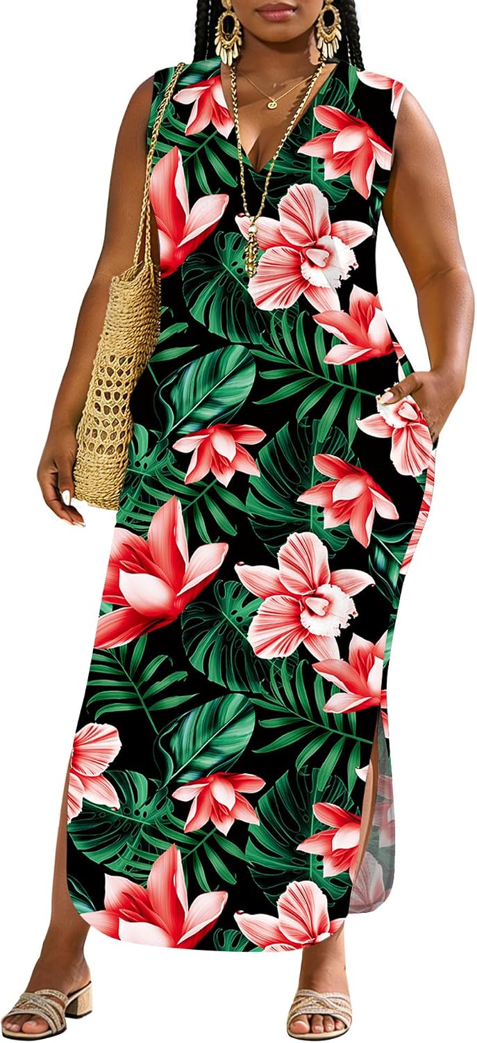 UOUA Women Summer Maxi Dresses Plus Size Casual Hawaiian Sundress Sleeveless Loose Split Beach Dress with Pockets