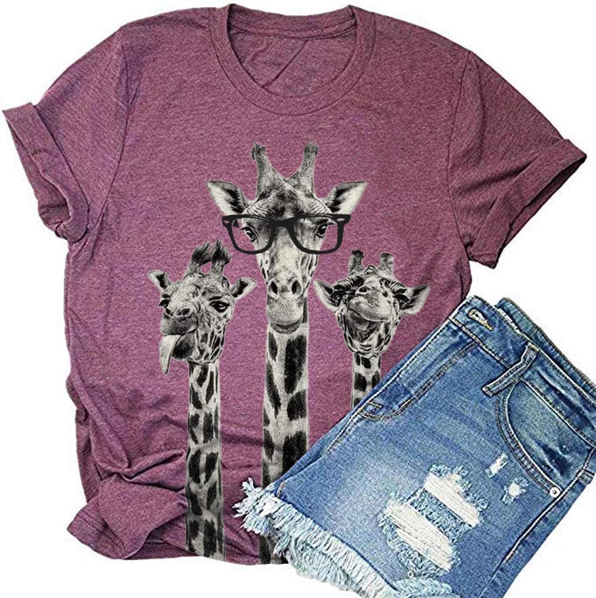 Beopjesk Womens Summer Giraffe Printed T-Shirt Funny Cute Animal Graphic Tees Tops