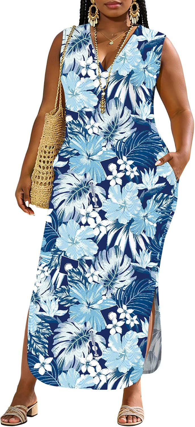 UOUA Women Summer Maxi Dresses Plus Size Casual Hawaiian Sundress Sleeveless Loose Split Beach Dress with Pockets