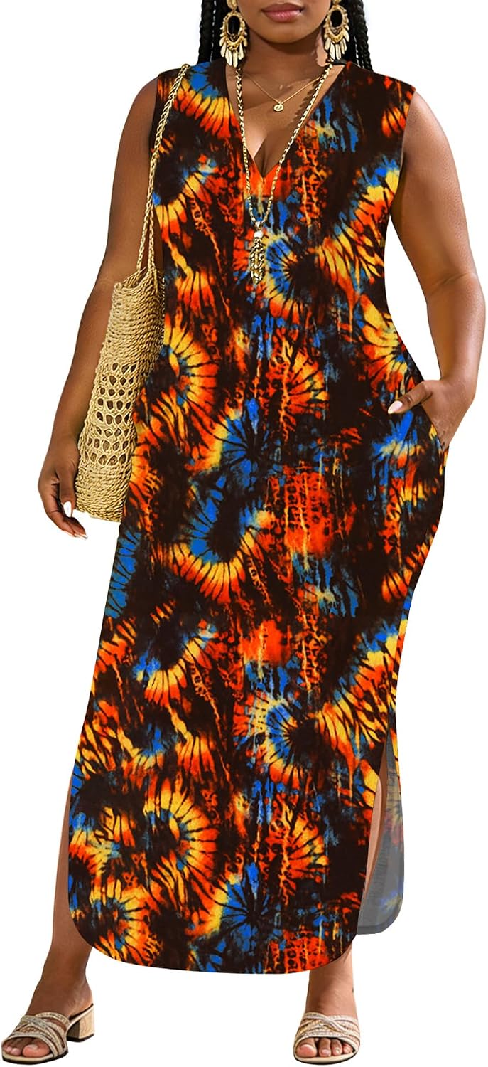 UOUA Women Summer Maxi Dresses Plus Size Casual Hawaiian Sundress Sleeveless Loose Split Beach Dress with Pockets