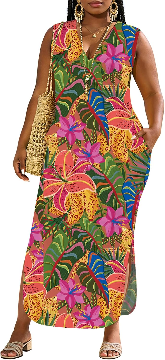 UOUA Women Summer Maxi Dresses Plus Size Casual Hawaiian Sundress Sleeveless Loose Split Beach Dress with Pockets