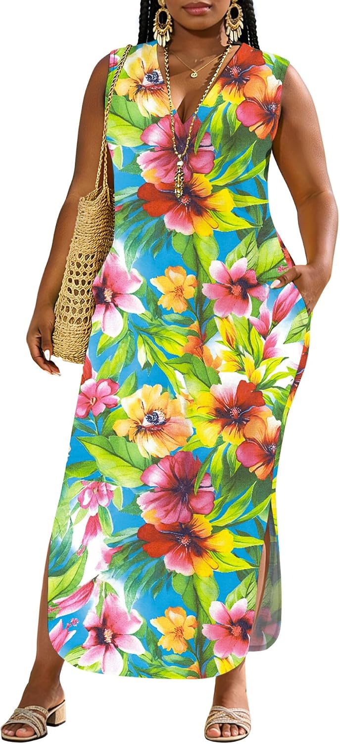UOUA Women Summer Maxi Dresses Plus Size Casual Hawaiian Sundress Sleeveless Loose Split Beach Dress with Pockets