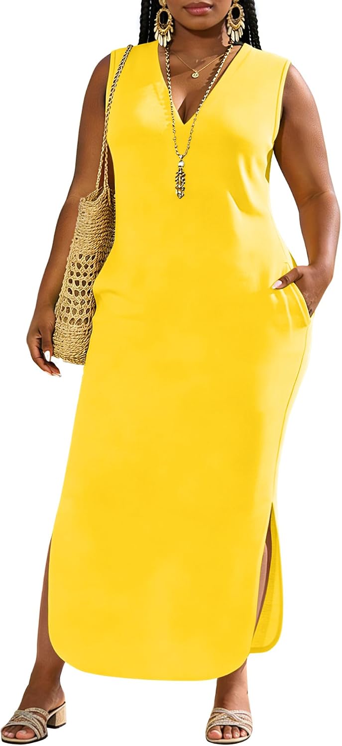UOUA Women Summer Maxi Dresses Plus Size Casual Hawaiian Sundress Sleeveless Loose Split Beach Dress with Pockets