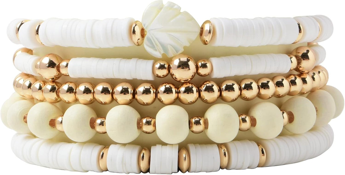 Surfer Heishi Clay Bead Bracelets for Women Bohemian Stackable Gold Plated Beaded Stretch Bracelets Elastic Layering Friendship Bracelets Set Boho Jewelry