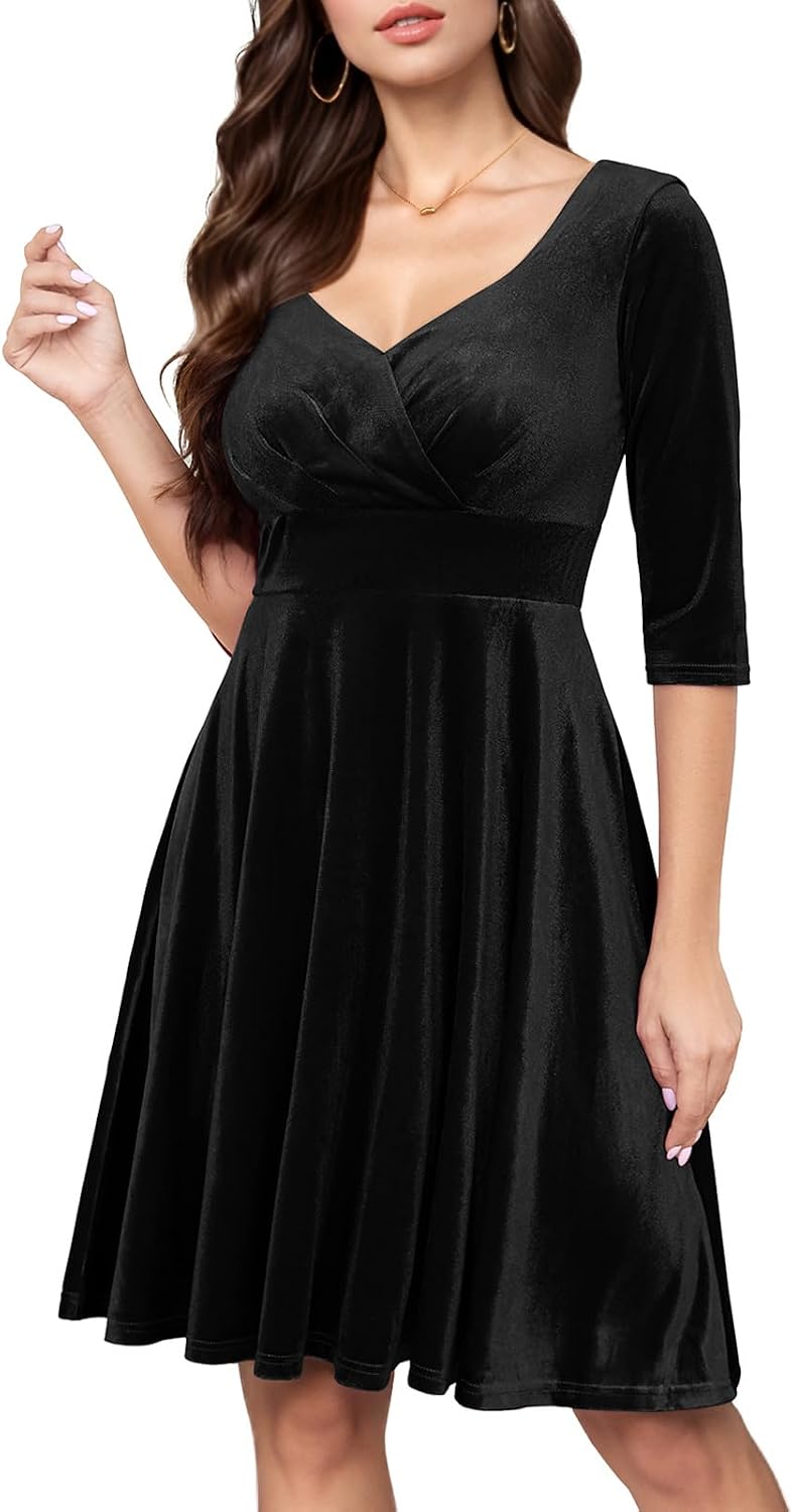 Bbonlinedress Womens Velvet Long Sleeve Formal Wedding Guest Vintage Cocktail Holiday Party Midi Dress