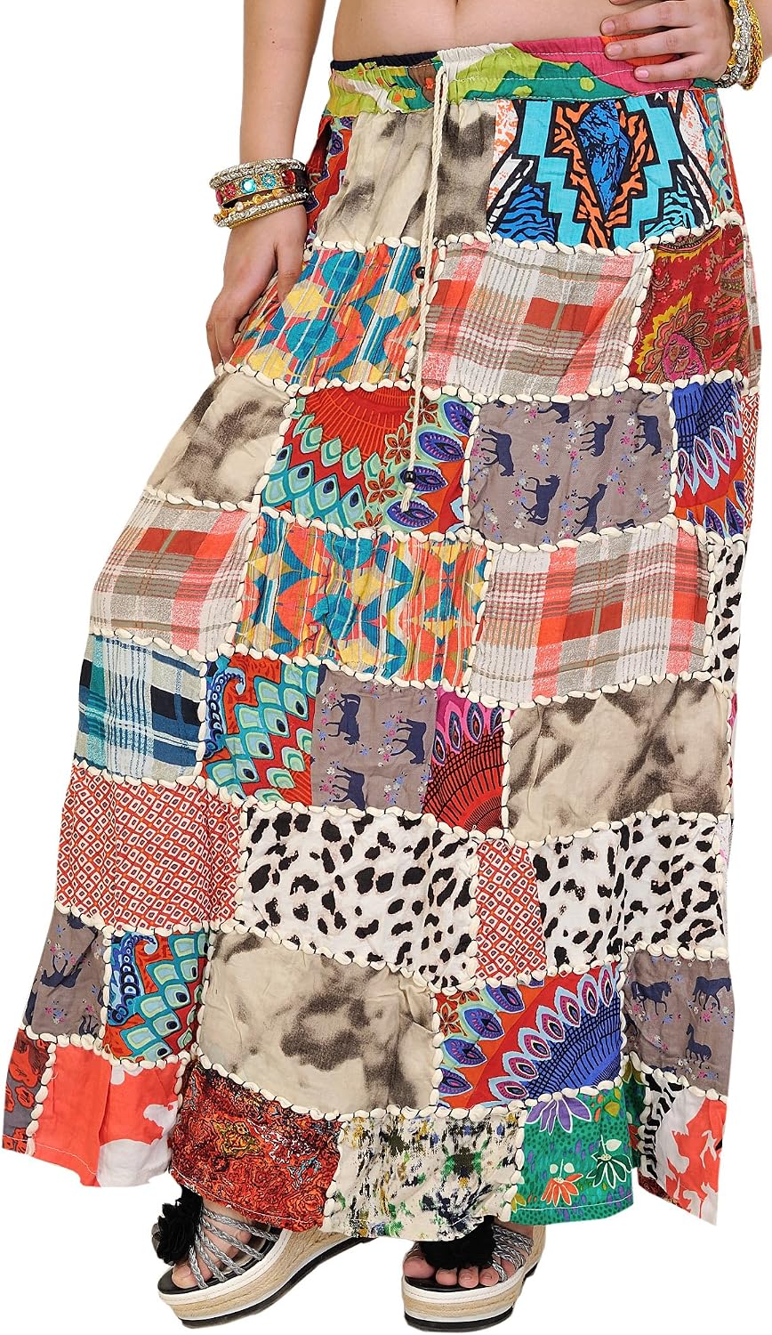 Exotic India Long Printed Dori Skirt from Gujarat with Patch Work - Rayon