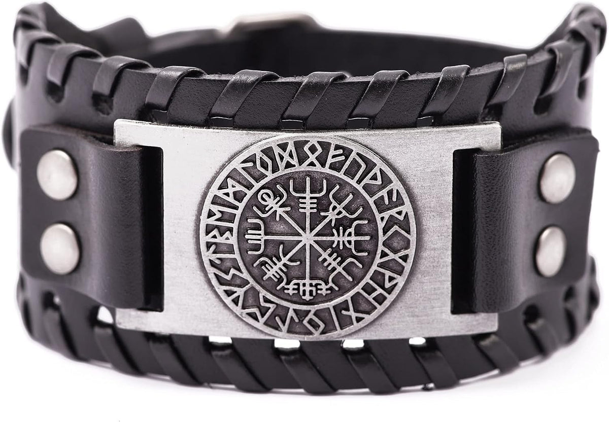 HAQUIL Viking Wiccan Egytian Black Brown Wide Leather Wristband Bracelet Ancient Medieval Jewelry Gift for Men
