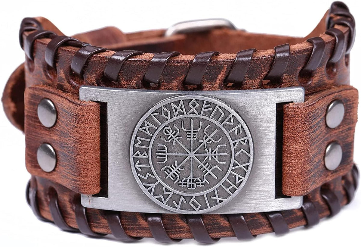 HAQUIL Viking Wiccan Egytian Black Brown Wide Leather Wristband Bracelet Ancient Medieval Jewelry Gift for Men