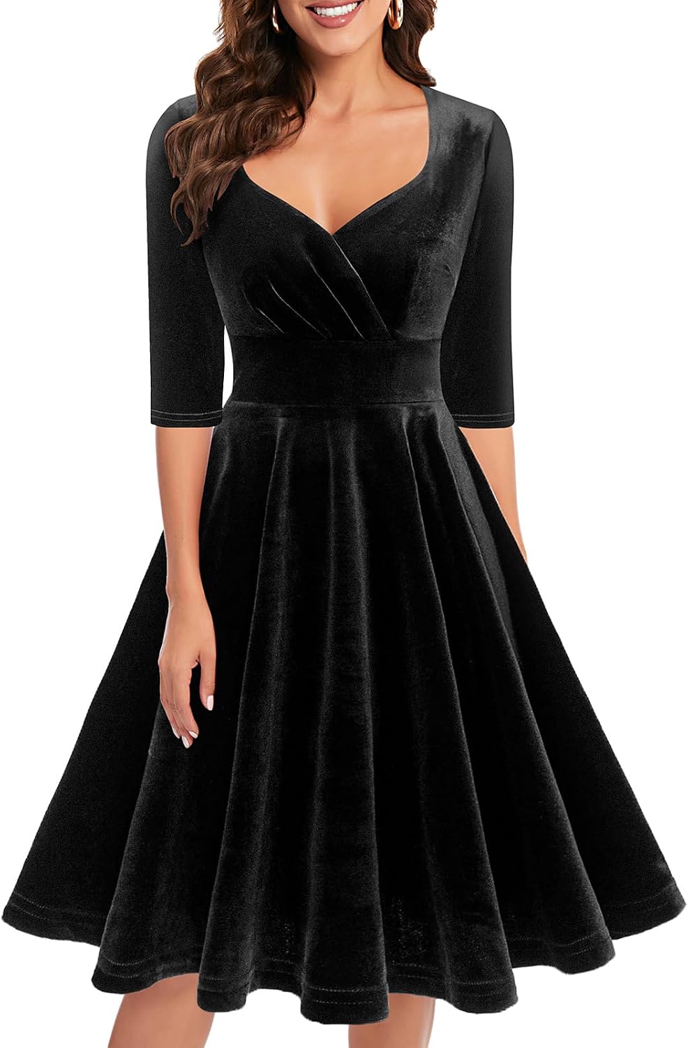 Bbonlinedress Womens Velvet Long Sleeve Formal Wedding Guest Vintage Cocktail Holiday Party Midi Dress