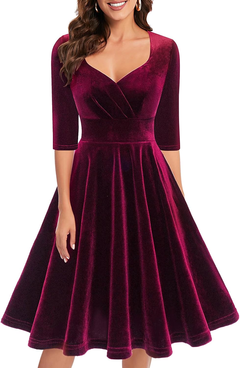 Bbonlinedress Womens Velvet Long Sleeve Formal Wedding Guest Vintage Cocktail Holiday Party Midi Dress