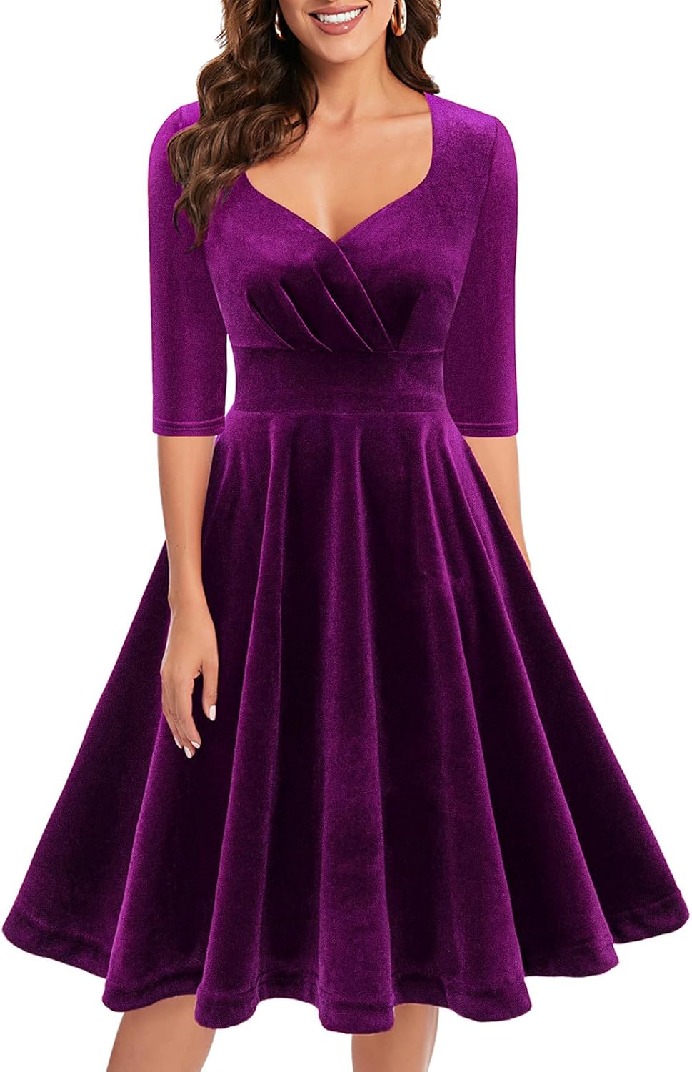 Bbonlinedress Womens Velvet Long Sleeve Formal Wedding Guest Vintage Cocktail Holiday Party Midi Dress