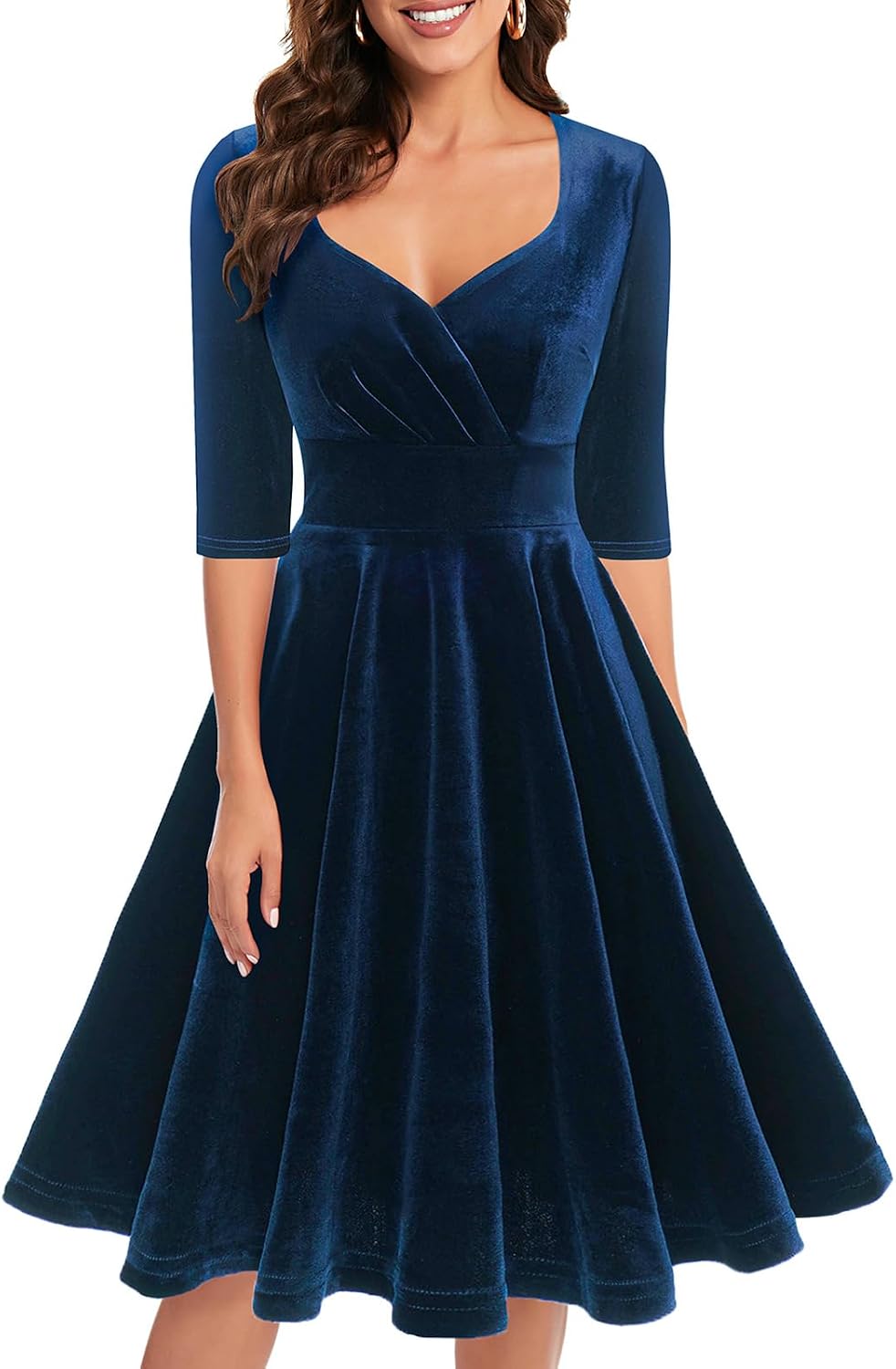 Bbonlinedress Womens Velvet Long Sleeve Formal Wedding Guest Vintage Cocktail Holiday Party Midi Dress