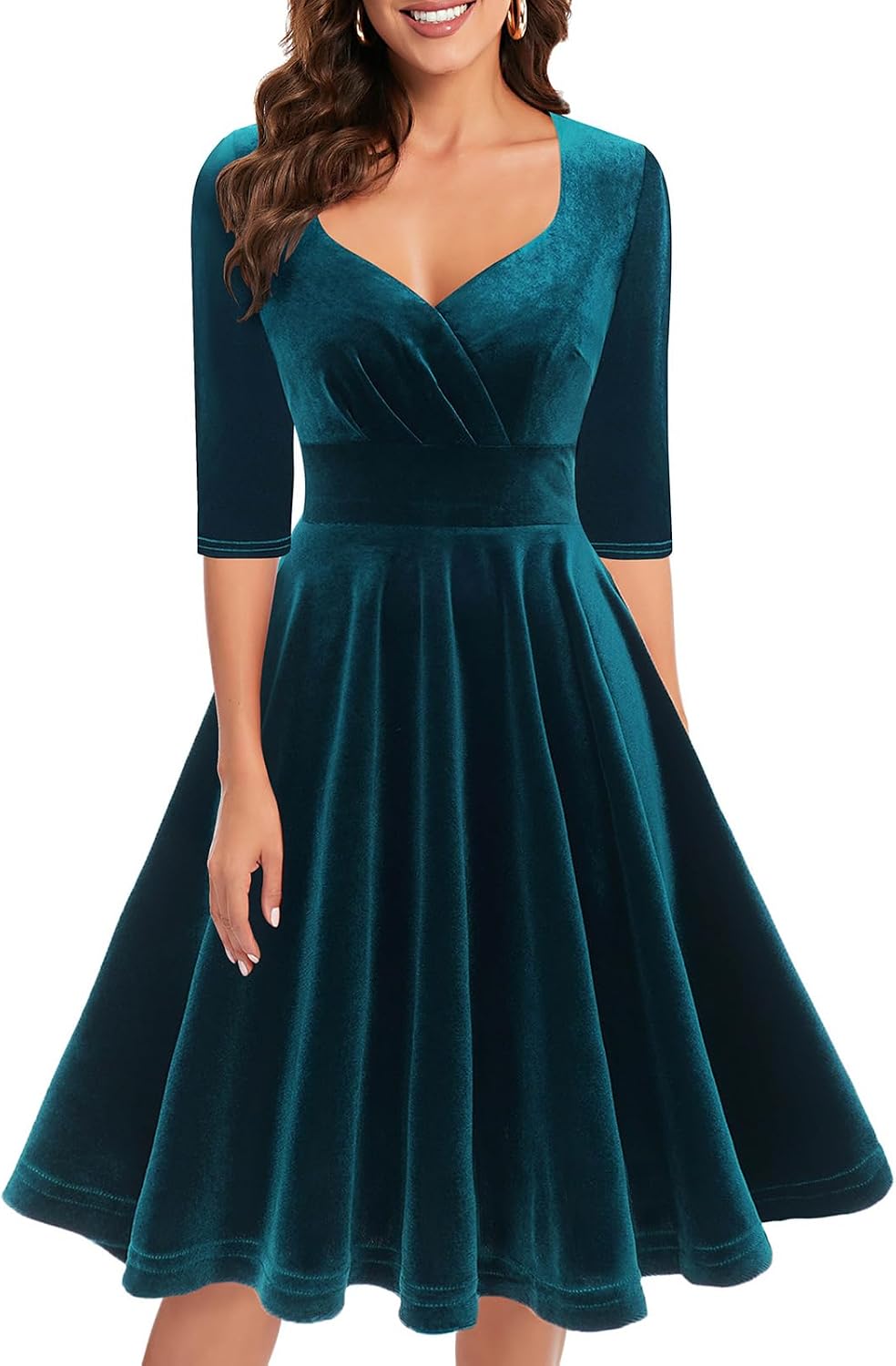 Bbonlinedress Womens Velvet Long Sleeve Formal Wedding Guest Vintage Cocktail Holiday Party Midi Dress