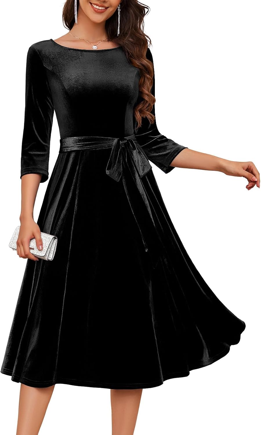 DRESSTELLS Velvet Cocktail Dress for Women, 2025 Winter Christmas Holiday Dress, 3/4 Long Sleeves Party Formal Gala