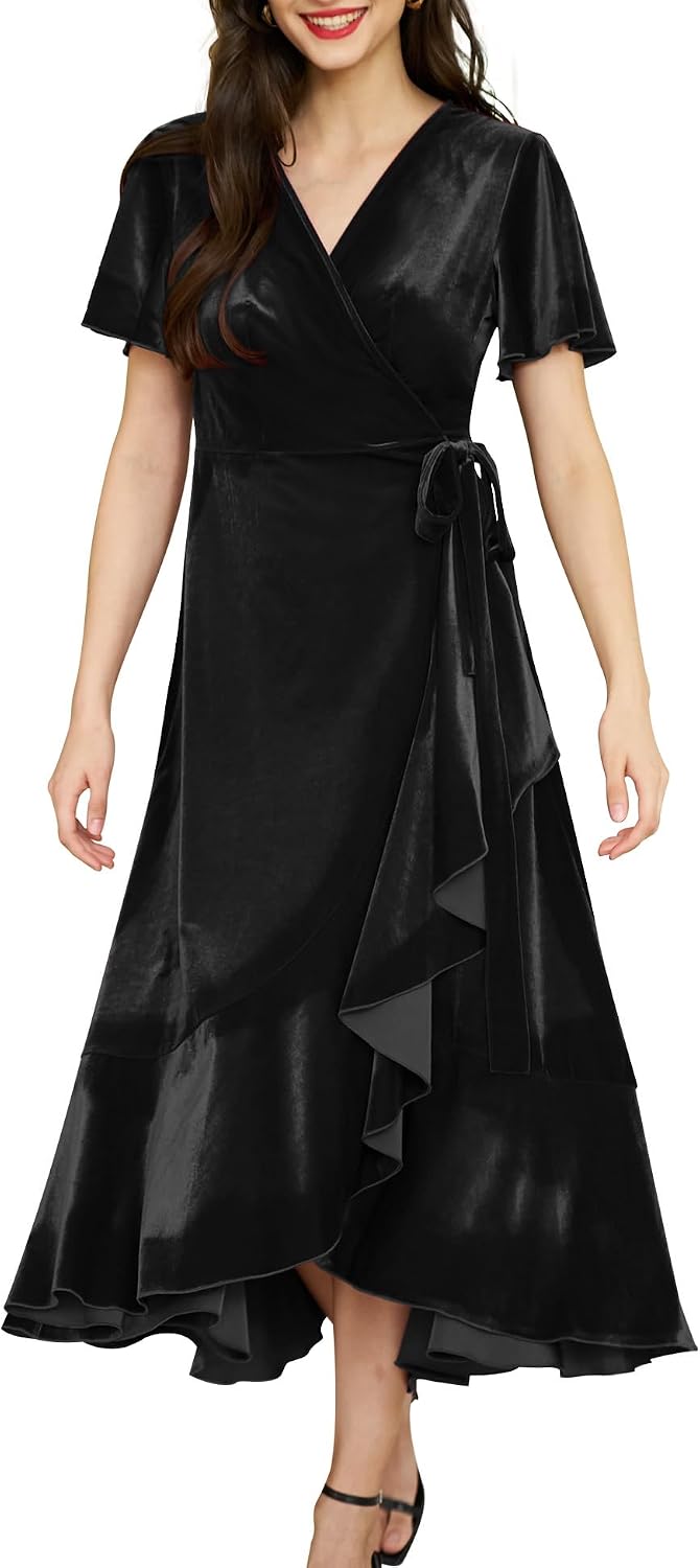 Women's Velvet Maxi Dress Boho V Neck Wrap Maternity Formal Dress