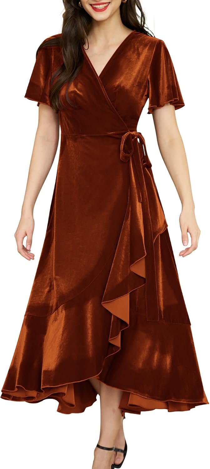 Women's Velvet Maxi Dress Boho V Neck Wrap Maternity Formal Dress