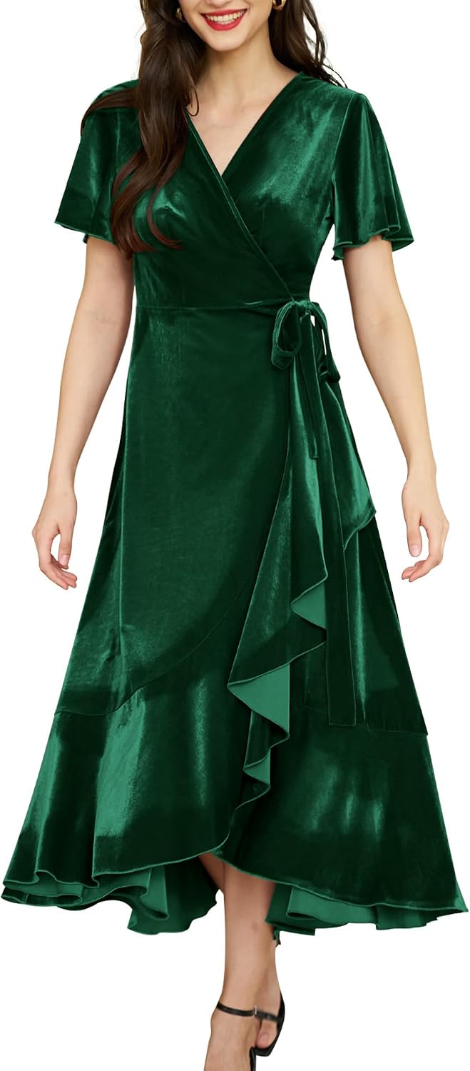 Women's Velvet Maxi Dress Boho V Neck Wrap Maternity Formal Dress