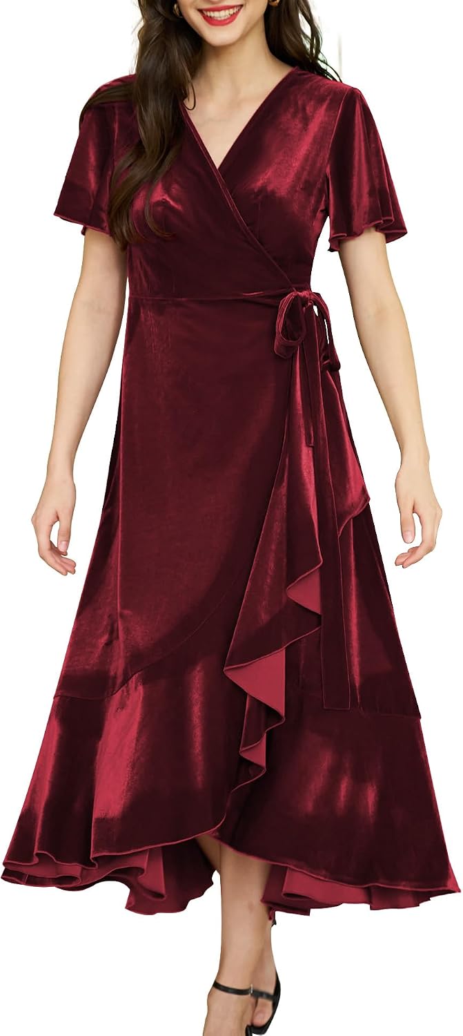 Women's Velvet Maxi Dress Boho V Neck Wrap Maternity Formal Dress