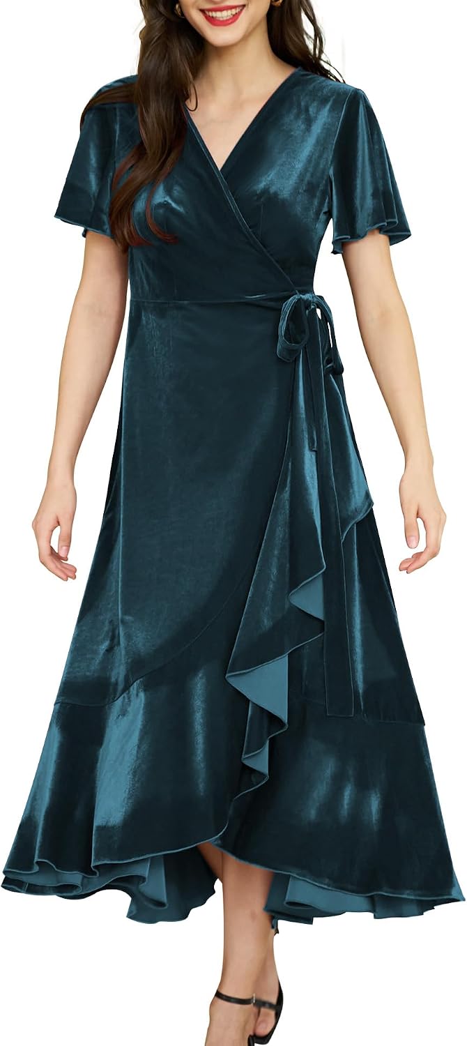 Women's Velvet Maxi Dress Boho V Neck Wrap Maternity Formal Dress